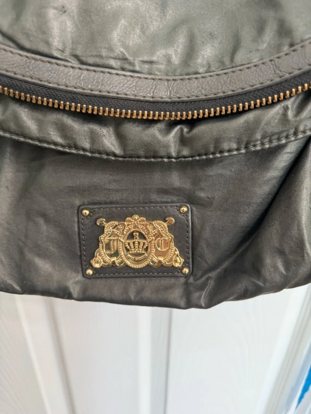 Juicy Couture Dark Olive Green Slouchy Hobo Bag Gold Crest Tassel Y2K Boho